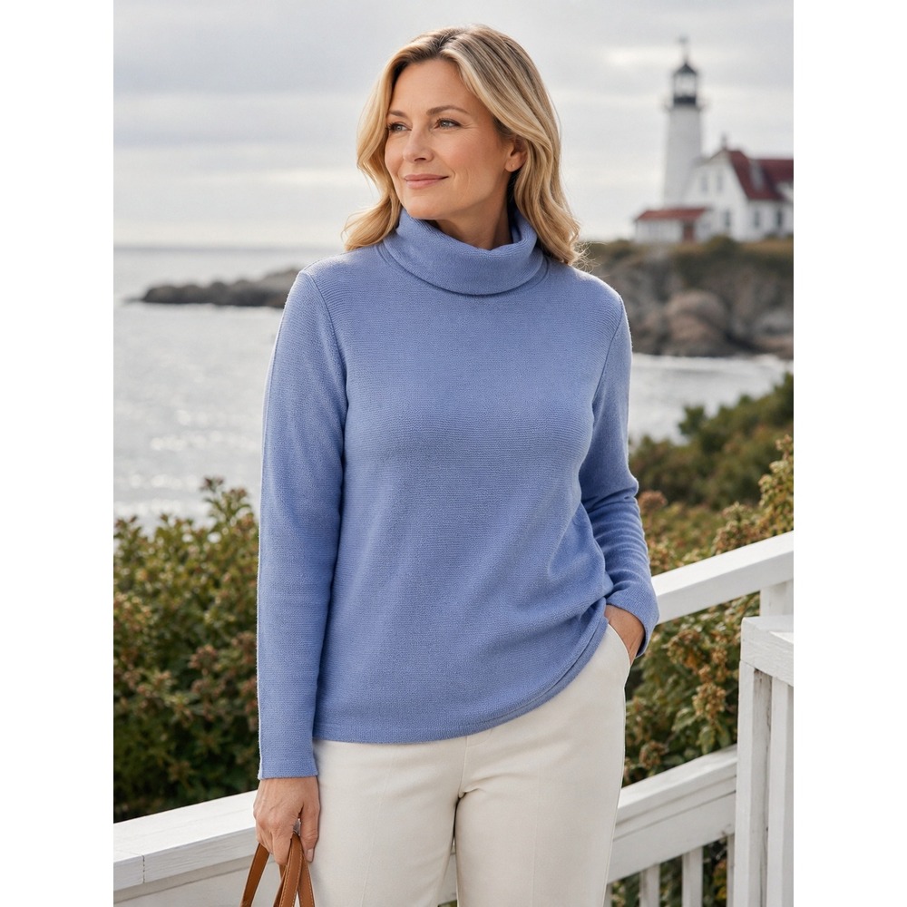 Eileen Fisher Merino Wool Turtleneck Sweater Blue Textured Knit M Preppy Coastal